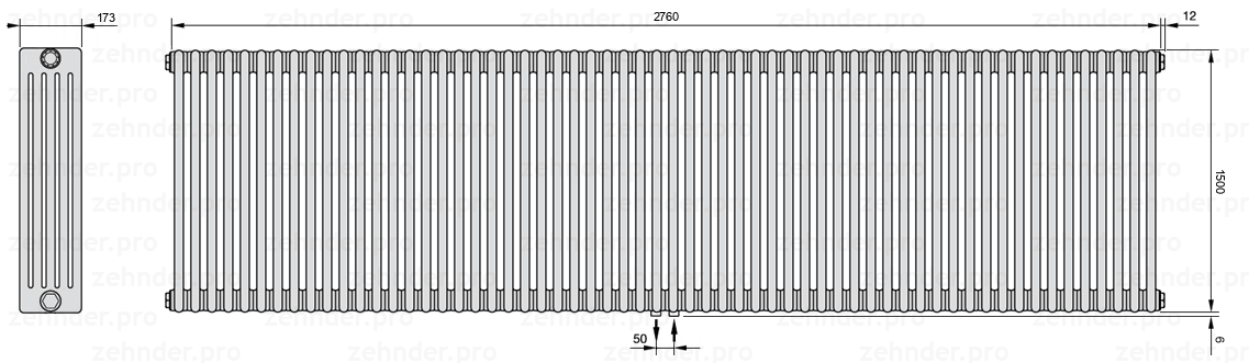 Схема (чертеж) Радиатор Zehnder Charleston 5150/60 №5410 Белый глянцевый RAL 9016